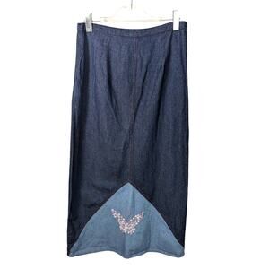 Vintage 90's Funky People Denim Maxi Skirt Embroidered Flowers an Butterfly